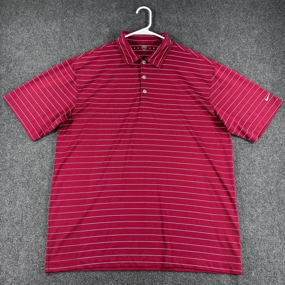 Nike Polo Shirt Mens L Large Red Striped Golf Short Sleeve Dri Fit 231584-642